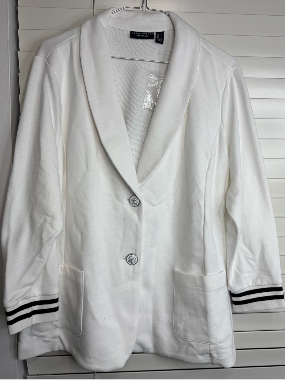 Susan Graver Weekend New W/out Tags, White Knit Blazer Black Stripe Cuffs Large